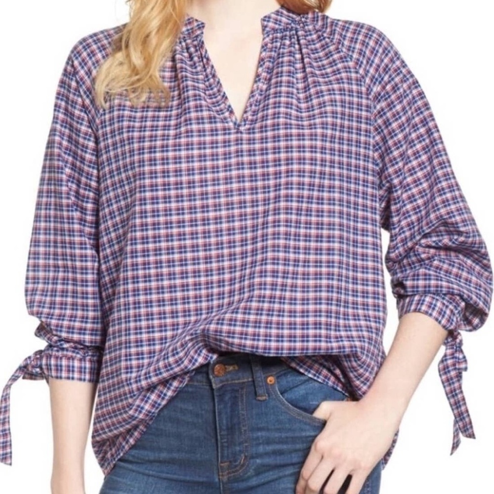 Madewell Plaid Linen Blend V Neck Tie Sleeve Popover Top Size XS